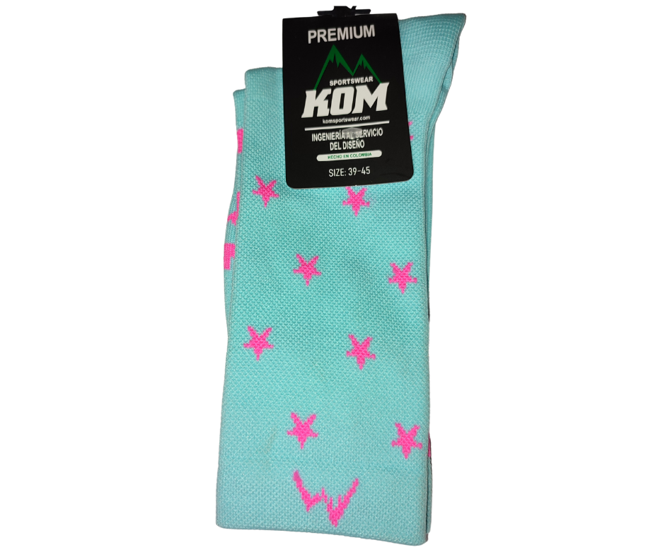 MEDIAS KOM AZUL CON ESTRELLAS FUCSIAS PREMIUM