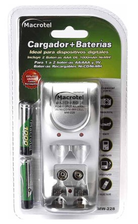 CARGADOR DE PILAS MACROTEL AA/AAA Y 9V MW-228 + 2 PILAS REC. AAA 