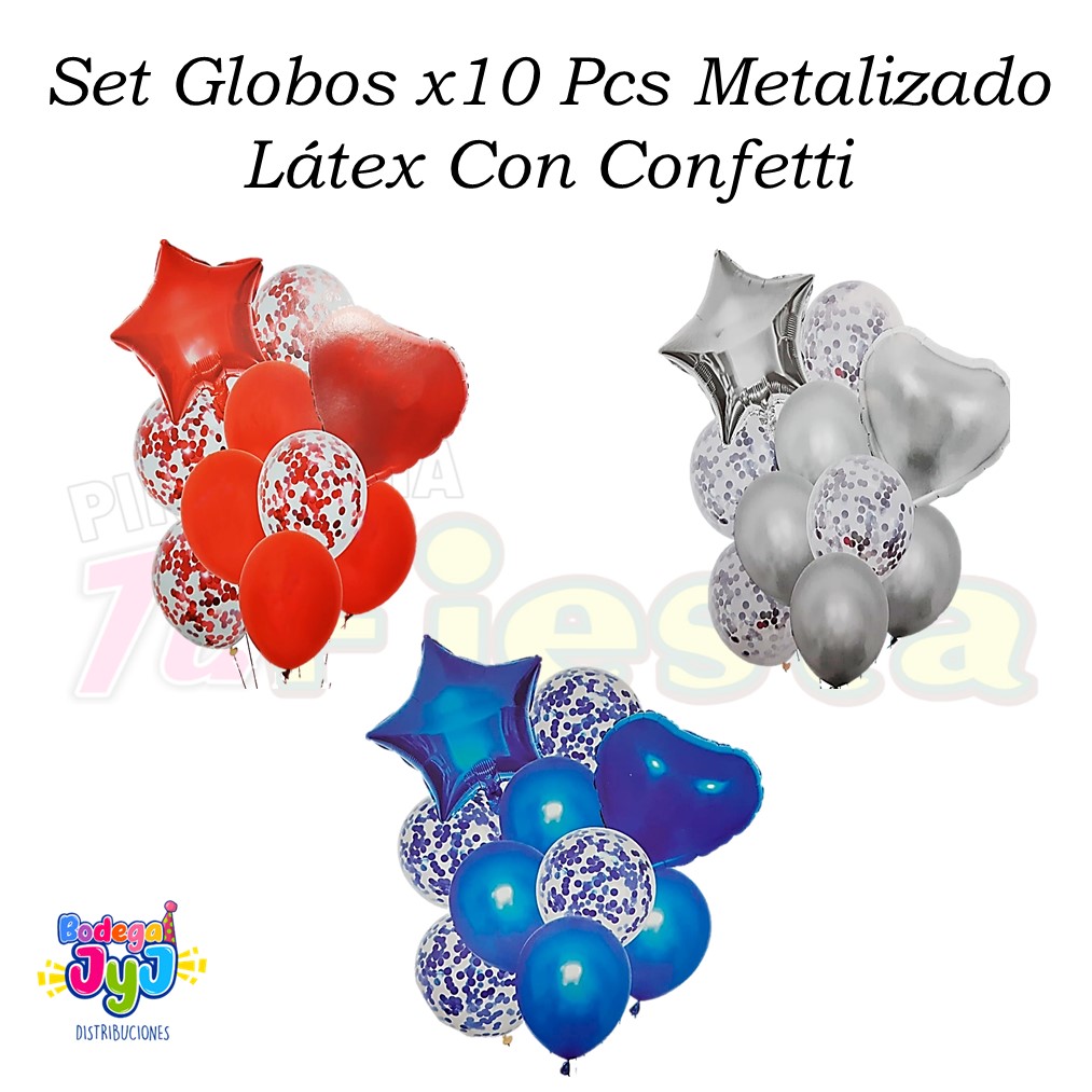 SET GLOBOS X10 PCS METALIZADO Y LÁTEX CON CONFETTI