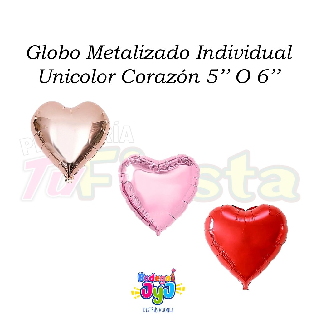 GLOBO METALIZADO INDIVIDUAL UNICOLOR CORAZÓN 5'' O 6'''