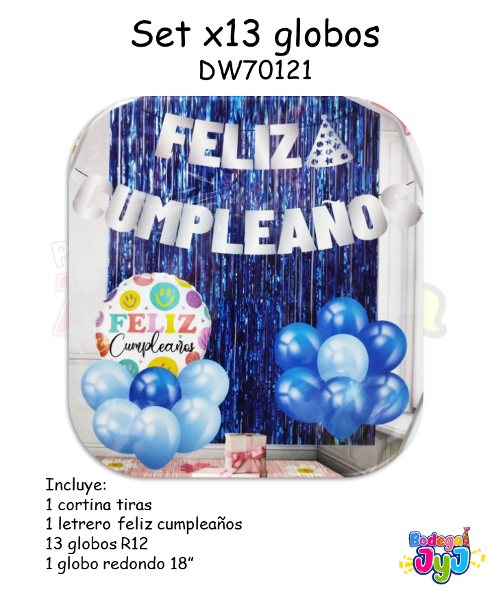 SET GLOBOS X16 CON CORTINA AZUL Y CUMPLEAÑOS  DW70121