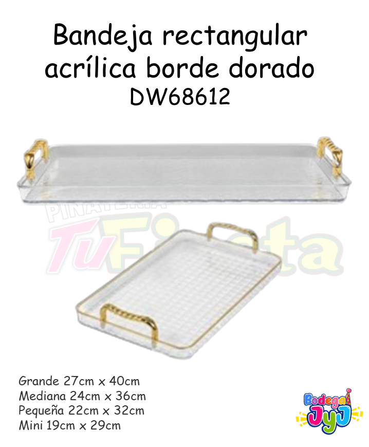 BANDEJA RECTANGULAR ACRILICA BORDE DORADO DW68612
